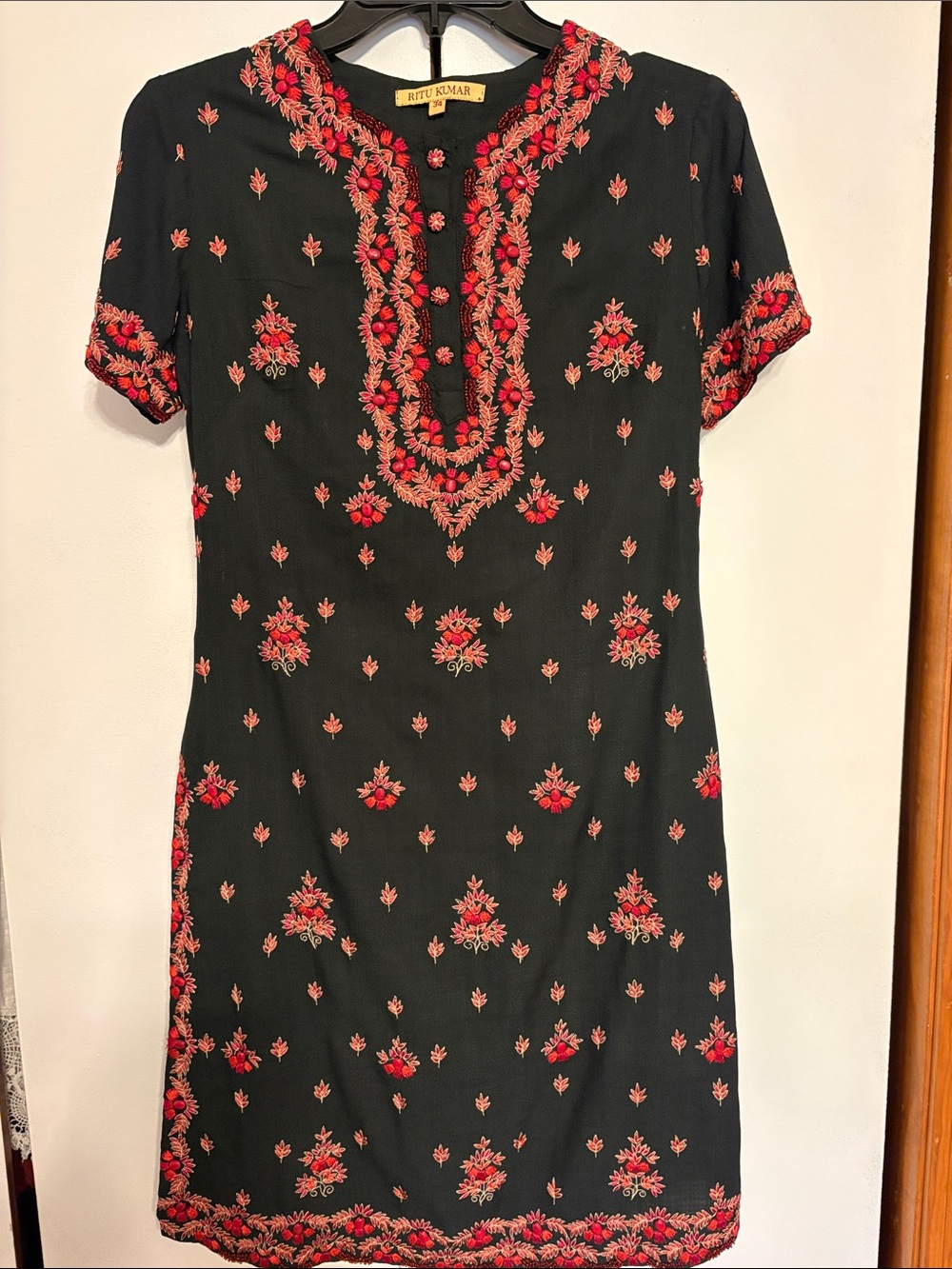 Ritu Kumar Black Midi Dress with Red Floral Embroidery